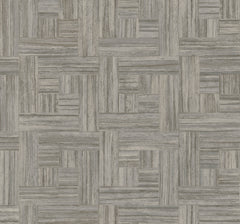 Tesselle Wallpaper featuring a geometric pattern of gray wood grain planks arranged in a basket-weave design.