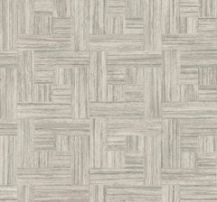 Tesselle Wallpaper in light gray, featuring a geometric wood-look parquet pattern of rectangular planks.