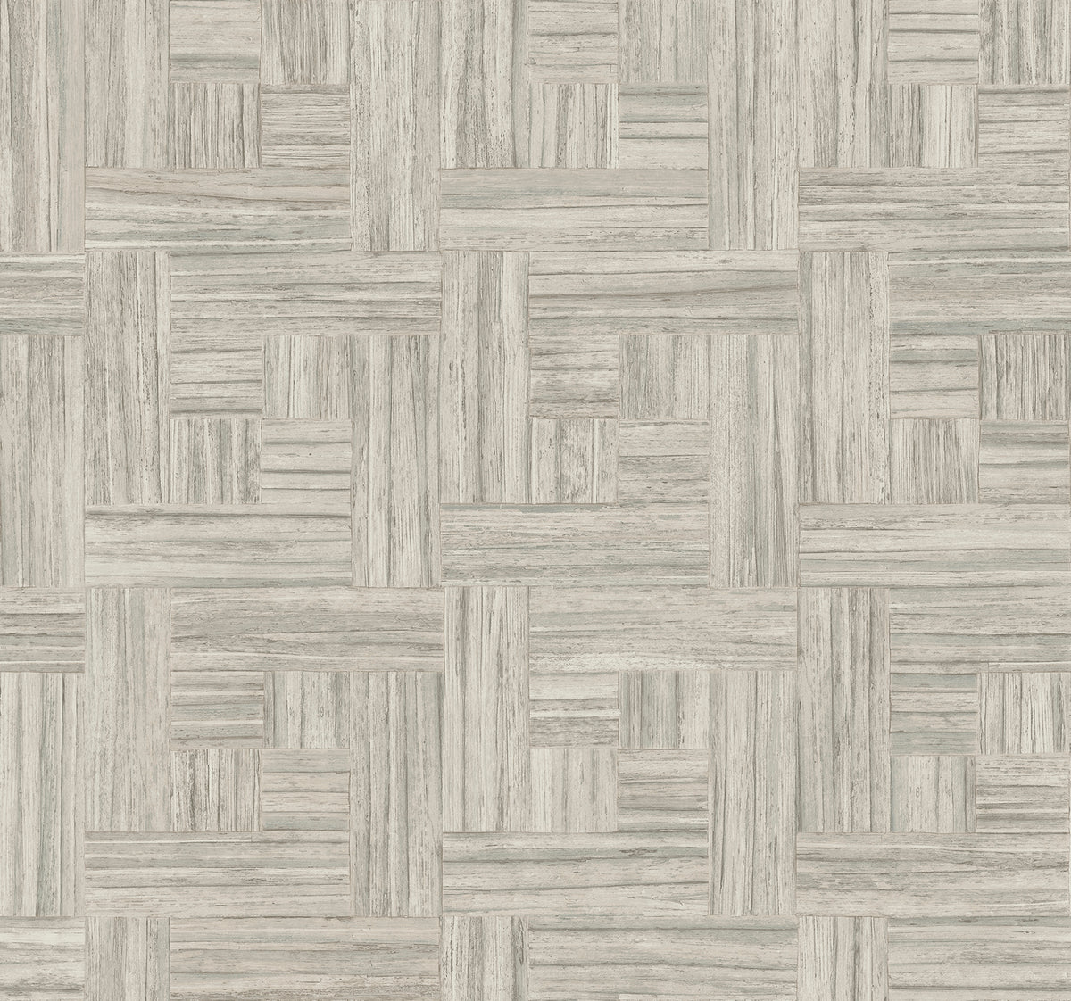 Tesselle Wallpaper in light gray featuring a geometric wood grain pattern arranged in a basket-weave style.