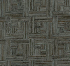 Tesselle Wallpaper featuring a dark gray wood-grain pattern arranged in a geometric basketweave block design.