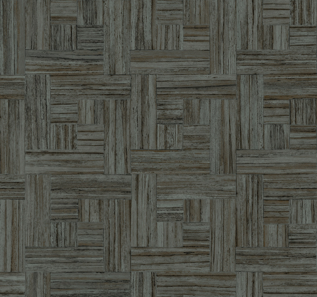 Tesselle Wallpaper in dark gray featuring a geometric pattern of small, horizontal and vertical wood grain rectangles arranged in a basketweave style.