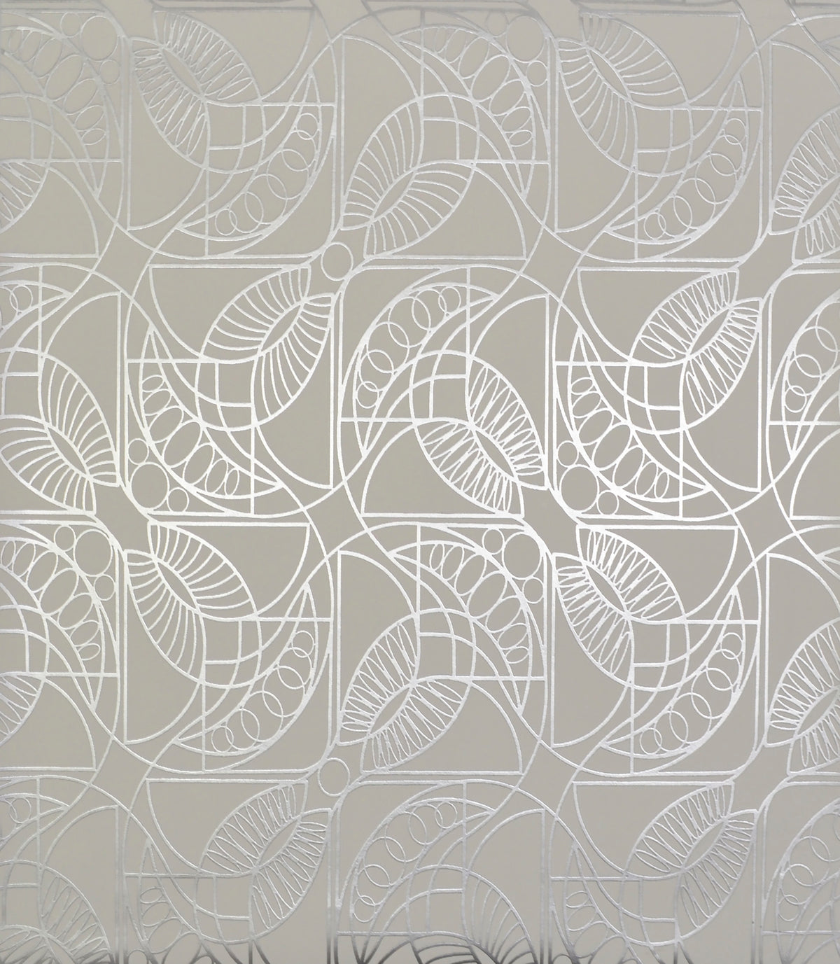 Cartouche Wallpaper featuring a repeating geometric pattern of silver lines forming stylized leaf and circular shapes on a neutral background.