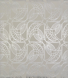 Cartouche Wallpaper featuring a repeating geometric pattern of silver lines forming stylized leaf and circular shapes on a neutral background.
