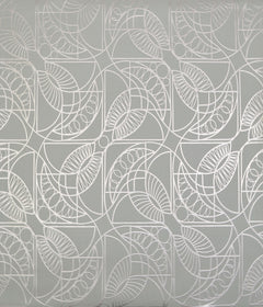 Cartouche Wallpaper featuring a repeating geometric pattern of white interlocking curved lines and stylized leaf shapes on a gray background.