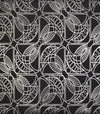 Cartouche Wallpaper featuring a black background with a repeating, geometric white line pattern of arched, leaf-like shapes and circles.