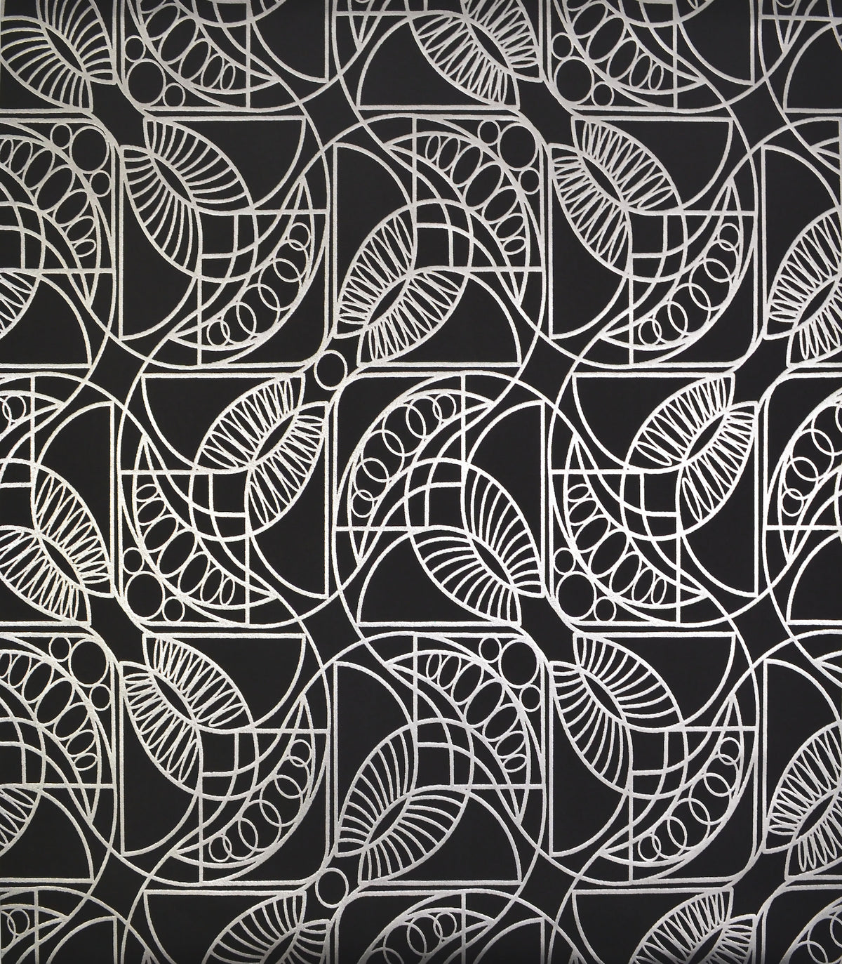 Cartouche Wallpaper featuring a black background with a repeating, geometric white line pattern of arched, leaf-like shapes and circles.