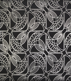 Cartouche Wallpaper featuring a black background with a repeating, geometric white line pattern of arched, leaf-like shapes and circles.