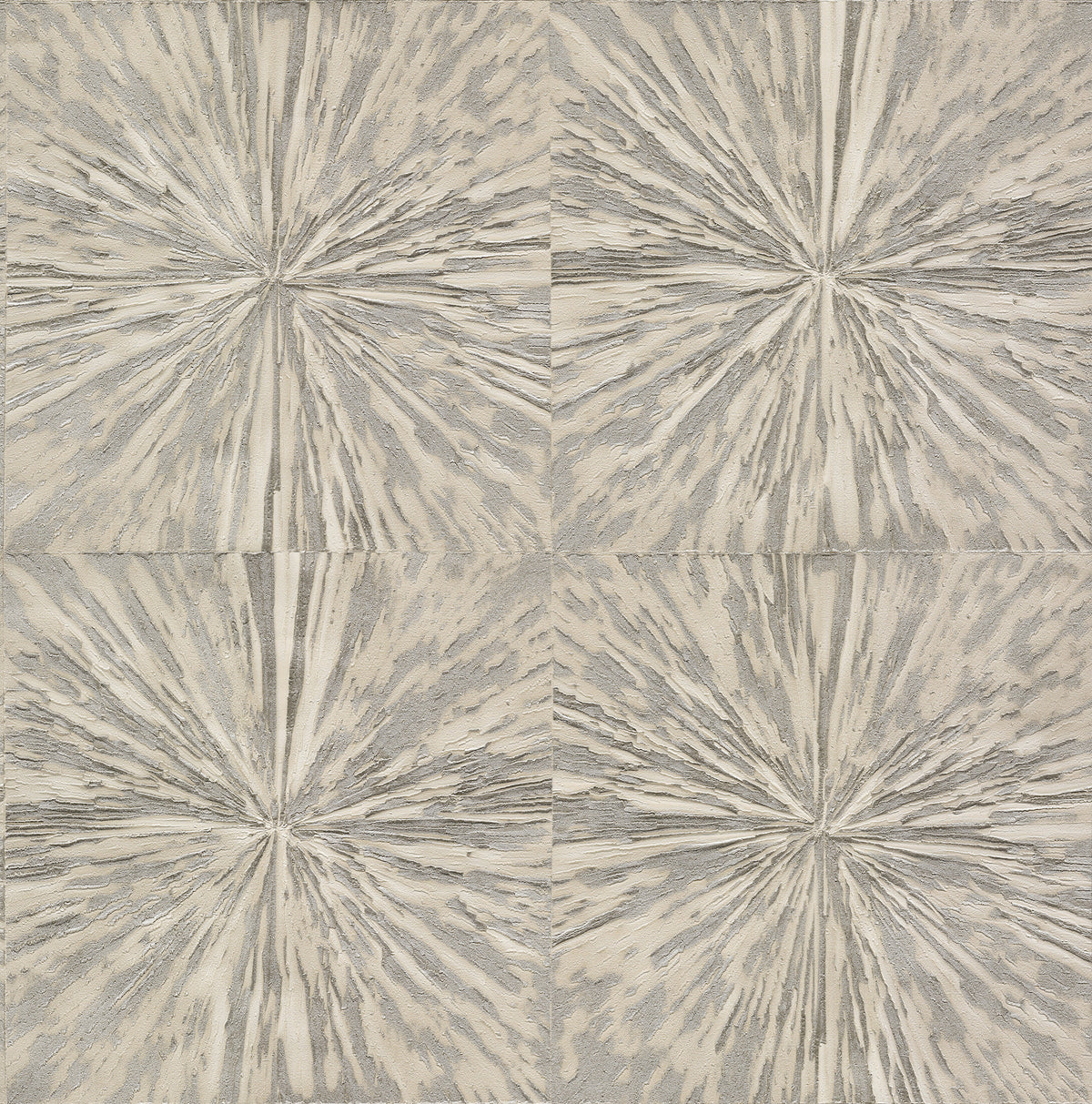 Four panels of Squareburst Wallpaper by York Wallcoverings feature textured, radial burst or star-like patterns in gray and beige shades. Arranged in a two-by-two grid, these panels create a repeating abstract design.