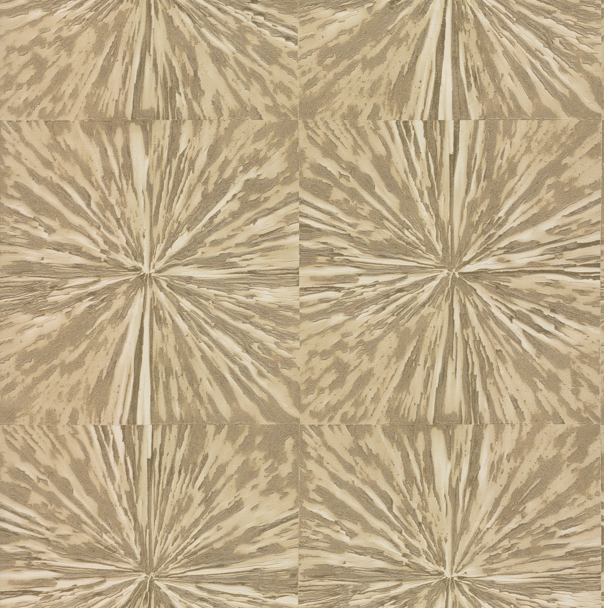 Squareburst Wallpaper by York Wallcoverings features a beige and brown abstract geometric design, with radial starburst lines forming symmetrical squares arranged in a grid.