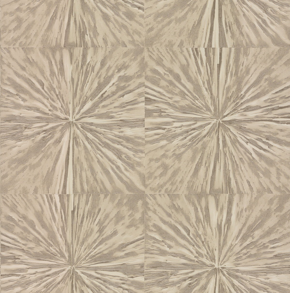 Squareburst Wallpaper by York Wallcoverings features a beige and brown abstract pattern with radial lines forming starburst shapes, arranged in a seamless grid. The organic texture resembles wood grain or marbled paper.
