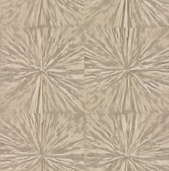 Squareburst Wallpaper by York Wallcoverings features a beige and brown abstract pattern with radial lines forming starburst shapes, arranged in a seamless grid. The organic texture resembles wood grain or marbled paper.