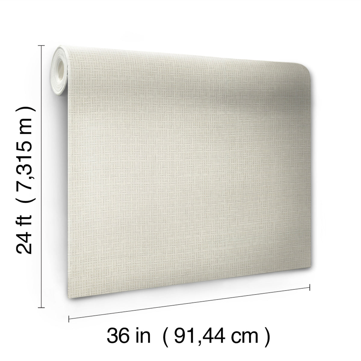 Ronald Redding Tatami Weave Wallpaper by York Wallcoverings is a rolled sheet of textured wallpaper, 24 ft (7.315 m) tall and 36 in (91.44 cm) wide, on a white background.