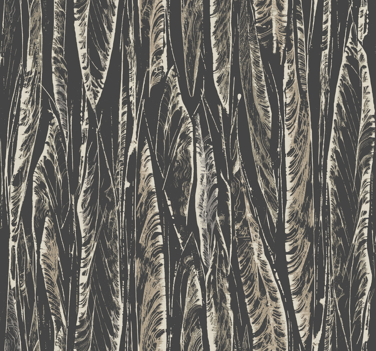 Native Leaves Wallpaper by York Wallcoverings features an abstract pattern of overlapping beige and black feathers, forming a textured, vertical striped design with detailed lines and subtle shading.