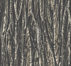 Native Leaves Wallpaper by York Wallcoverings features an abstract pattern of overlapping beige and black feathers, forming a textured, vertical striped design with detailed lines and subtle shading.