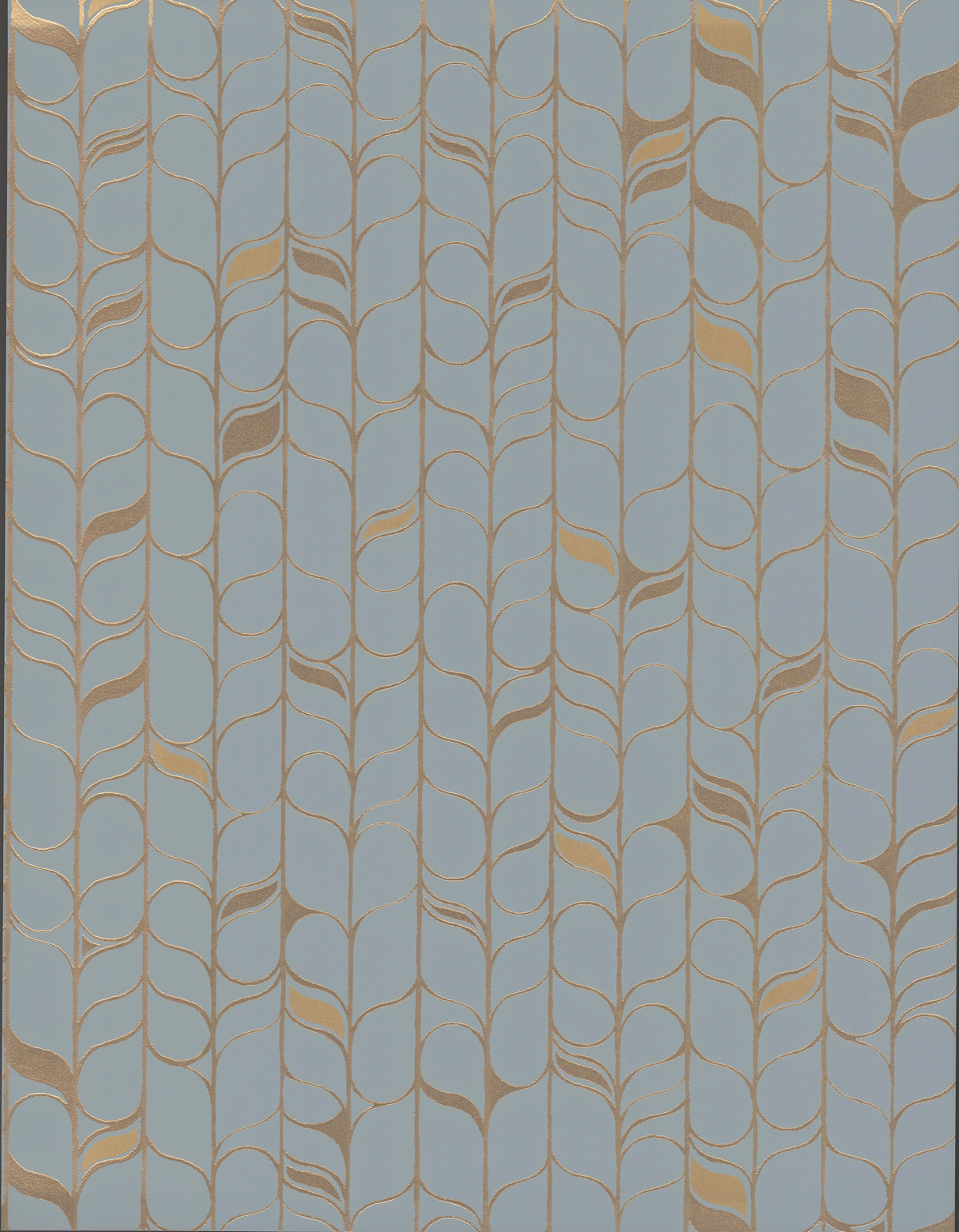 Candice Olson Perfect Petals Wallpaper featuring a repeating vertical pattern of interlocking golden vine outlines with occasional golden leaves on a solid light blue background.