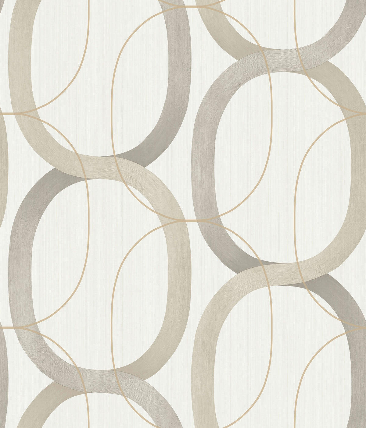 Candice Olson Interlock Wallpaper featuring a repeating pattern of interlocking gray, taupe, and thin gold elliptical loops.