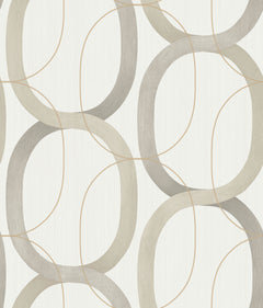 Candice Olson Interlock Wallpaper featuring a repeating pattern of interlocking gray, taupe, and thin gold elliptical loops.