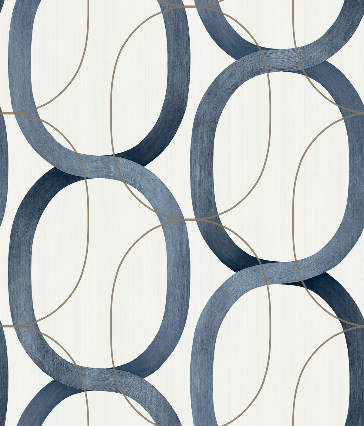 Candice Olson Interlock Wallpaper featuring a repeating pattern of interlocking blue oval rings outlined by thin, light brown lines on a white background.