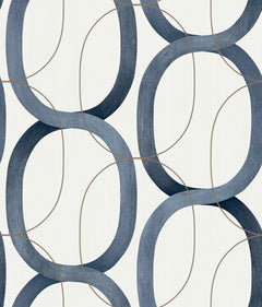 Candice Olson Interlock Wallpaper featuring a repeating pattern of interlocking blue oval rings outlined by thin, light brown lines on a white background.