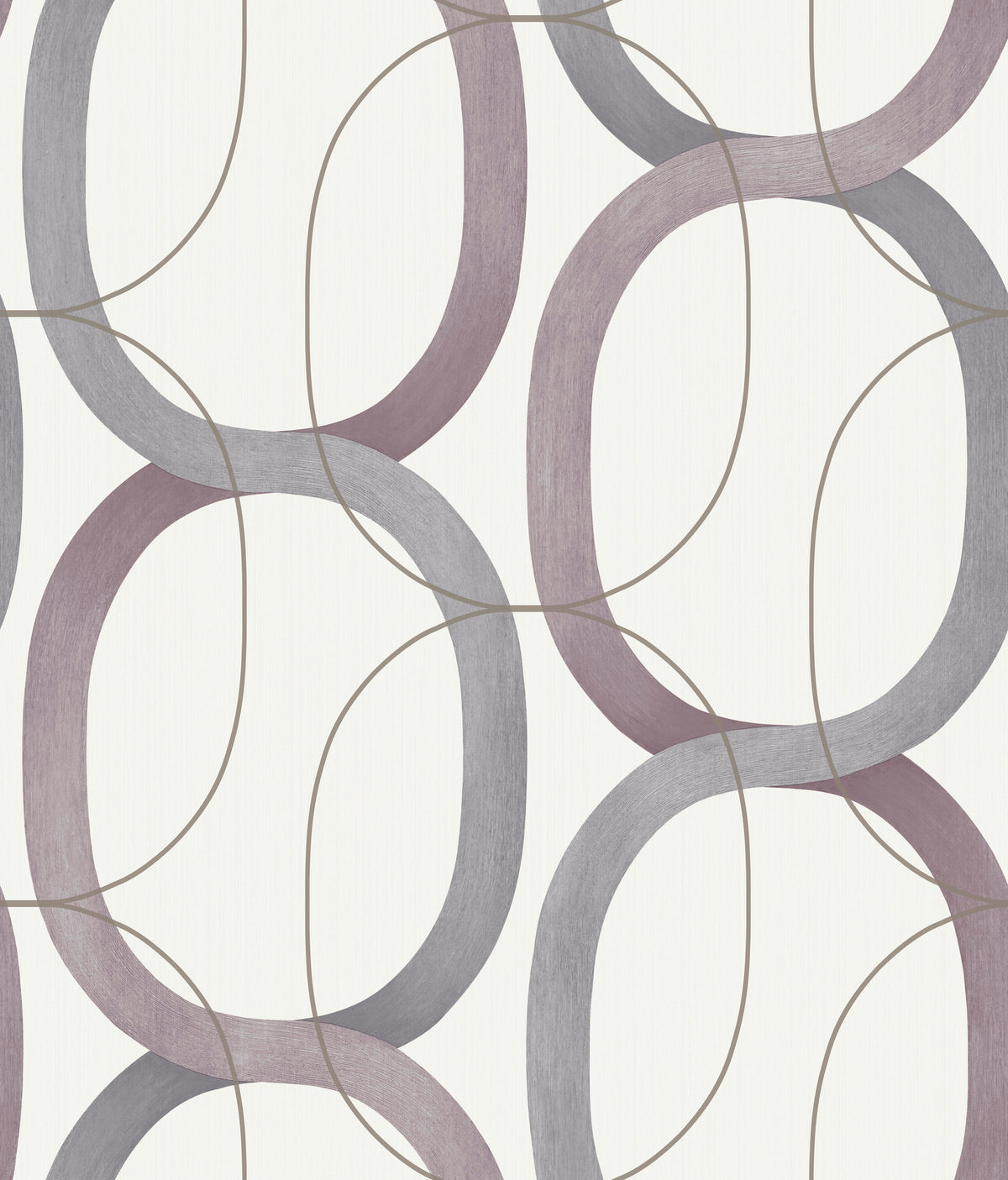 Candice Olson Interlock Wallpaper featuring an interlocking pattern of large, overlapping gray and purple elliptical rings on a light background.