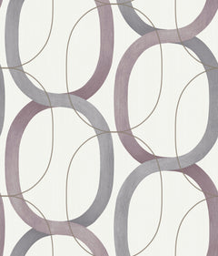 Candice Olson Interlock Wallpaper featuring an interlocking pattern of large, overlapping gray and purple elliptical rings on a light background.