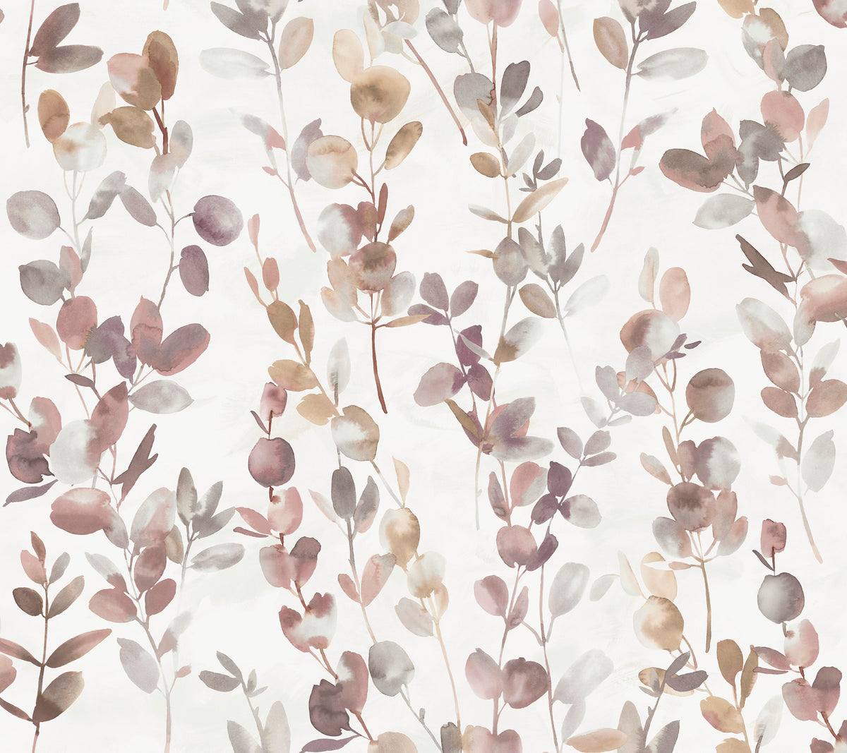 Candice Olson Joyful Eucalpytus Wallpaper featuring a watercolor pattern of soft, muted eucalyptus branches in shades of mauve, tan, and gray.