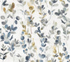 Candice Olson Joyful Eucalyptus Wallpaper featuring a watercolor-style pattern of blue, grey, and golden-brown eucalyptus branches on a white background.