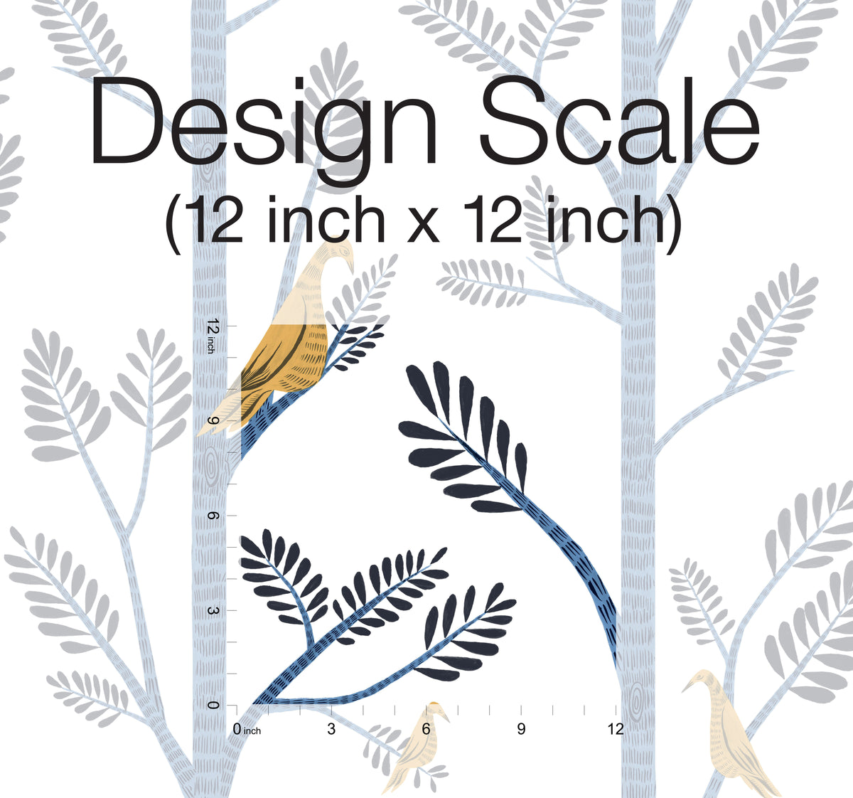 Blue Aviary Branch peel and stick wallpaper showing a 12 inch by 12 inch design scale with ruler overlay.