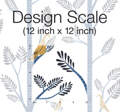 Blue Aviary Branch peel and stick wallpaper showing a 12 inch by 12 inch design scale with ruler overlay.