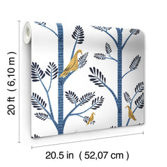 Aviary Branch blue peel and stick wallpaper roll with dimension overlay showing 20 ft by 20.5 in.