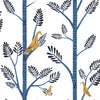 Aviary Branch blue peel and stick wallpaper featuring blue tree branches, dark blue leaves, and gold birds on white.