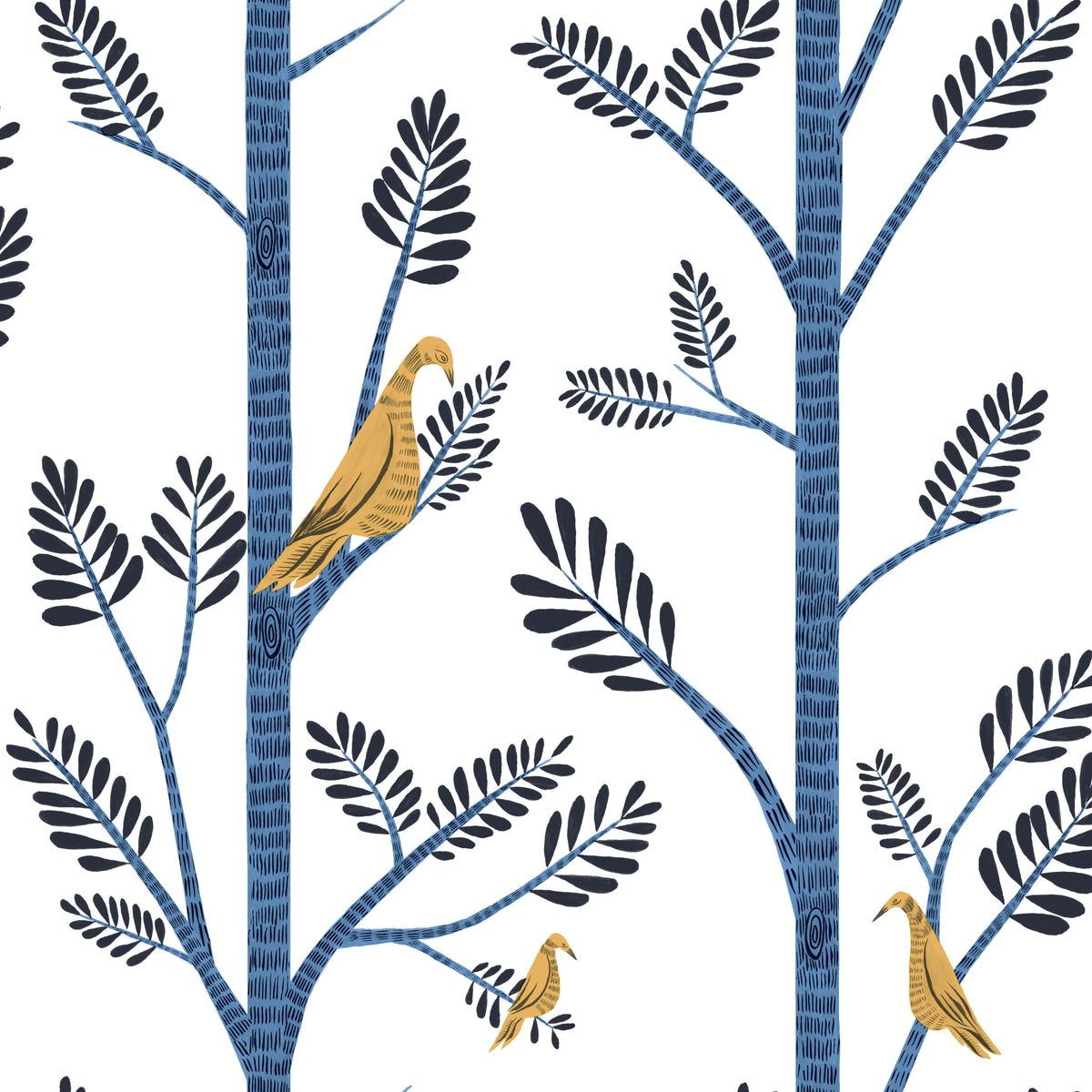 Aviary Branch blue peel and stick wallpaper featuring blue tree branches, dark blue leaves, and gold birds on white.