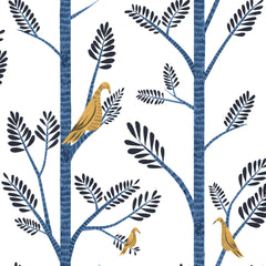 Aviary Branch blue peel and stick wallpaper featuring blue tree branches, dark blue leaves, and gold birds on white.
