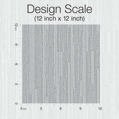 A 12 by 12 inch gray patterned square with vertical lines, labeled “Design Scale (12 inch x 12 inch),” showing inch markings along the left and bottom edges, featuring the Ronald Redding Newel Wallpaper by York Wallcoverings.