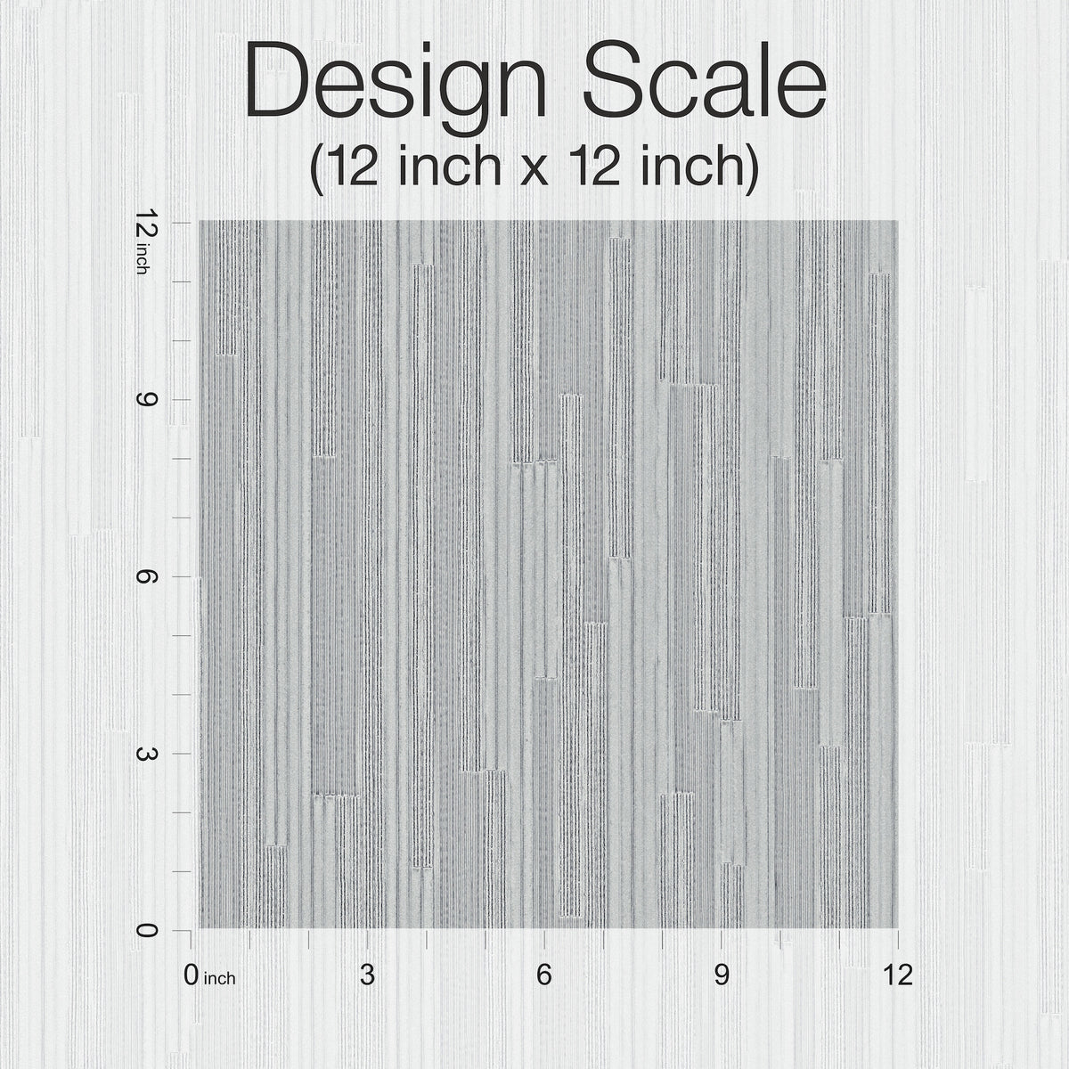 A 12-inch by 12-inch reference image of Ronald Redding Newel Wallpaper, featuring a gray, vertical-striped pattern with textured lines.