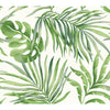 Paradise Palm wallpaper featuring a watercolor pattern of overlapping green palm and monstera leaves on a white background.