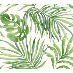 Paradise Palm wallpaper featuring a watercolor pattern of overlapping green palm and monstera leaves on a white background.