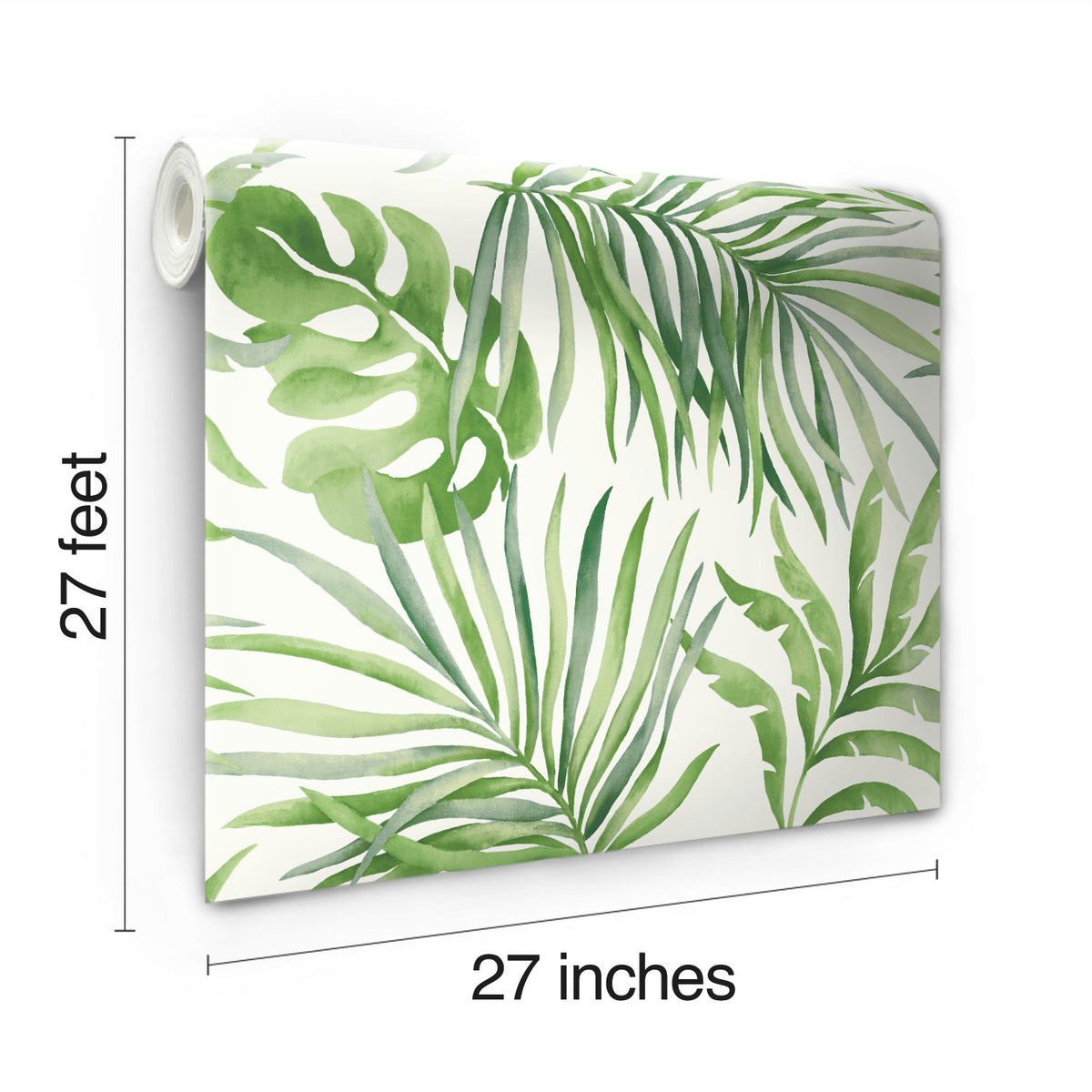 A roll of Paradise Palm Wallpaper featuring a green watercolor palm leaf pattern, measuring 27 feet long and 27 inches wide.