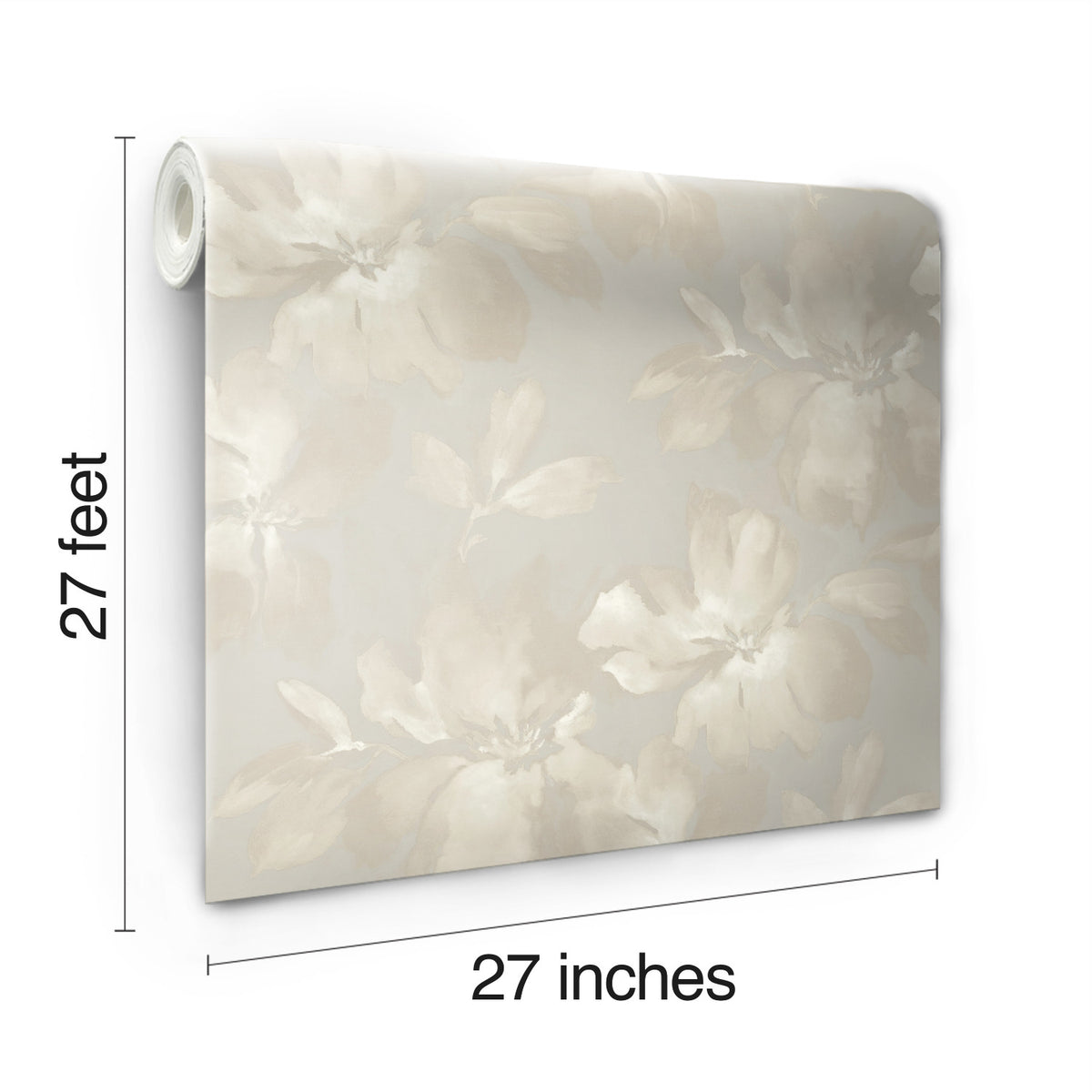 A roll of Midnight Blooms Wallpaper by York Wallcoverings featuring a large-scale, monochromatic floral pattern, measuring 27 feet long and 27 inches wide.
