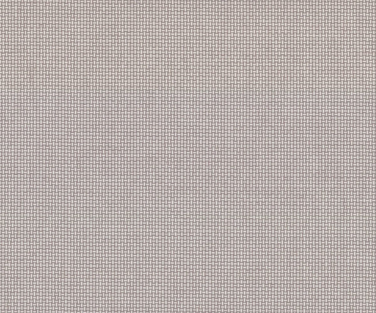 A close-up of York Wallcoverings’ Cottage Basket Wallpaper reveals a light gray surface with a textured, tightly woven design forming small, repetitive square patterns across the entire wallpaper.