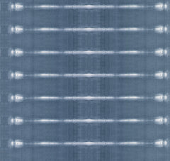 Resound Wallpaper by York Wallcoverings features a symmetrical, grid-like design of evenly spaced horizontal white lines across a blue-gray textured background, offering a slightly reflective appearance.