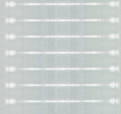 Resound Wallpaper by York Wallcoverings features a seamless, repeating pattern of horizontal white and light gray lines reminiscent of frosted glass or a metallic surface, offering a subtly reflective and textured appearance. This design imparts an industrial and modern aesthetic to any space.