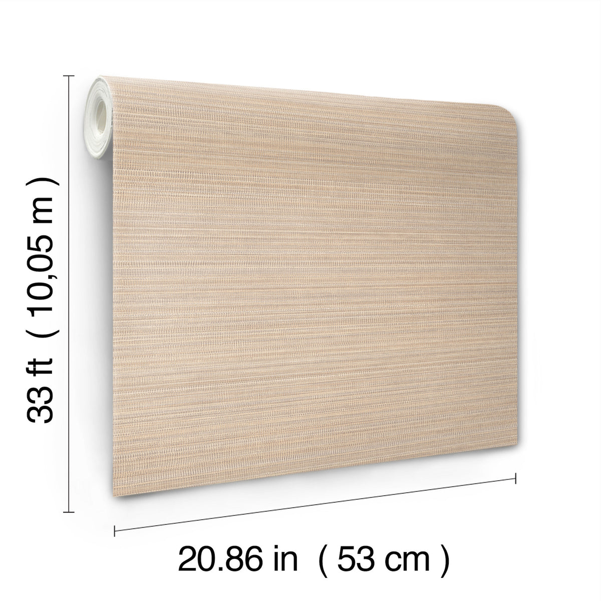 A roll of Allineate Wallpaper by York Wallcoverings in beige, measuring 33 ft (10.05 m) long and 20.86 in (53 cm) wide, displayed against a white background.