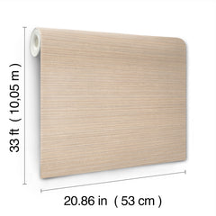 A roll of Allineate Wallpaper by York Wallcoverings in beige, measuring 33 ft (10.05 m) long and 20.86 in (53 cm) wide, displayed against a white background.