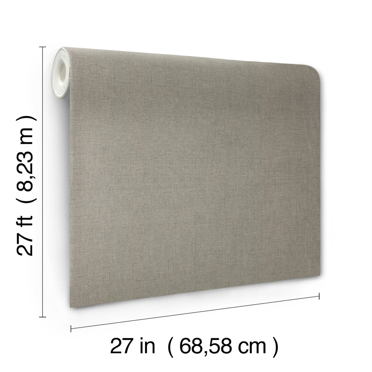 The Hardy Linen Wallpaper by York Wallcoverings is shown displayed vertically in a textured gray finish, measuring 27 feet (8.23 m) in length and 27 inches (68.58 cm) in width.