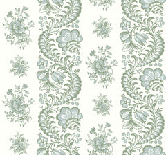 Beaumont Floral Stripe Wallpaper by York Wallcoverings features a seamless vintage-inspired pattern with green and gray flowers, leaves, and swirling motifs arranged in elegant curved vertical stripes on a light background.