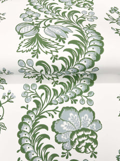 The Beaumont Floral Stripe Wallpaper by York Wallcoverings features a green and gray floral pattern with swirling leaves and blossoms on a white background, creating an elegant, repeating design.