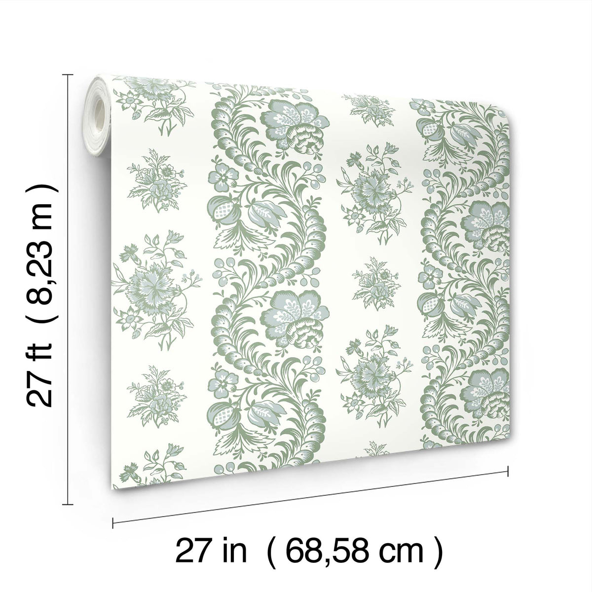 A roll of Beaumont Floral Stripe Wallpaper by York Wallcoverings, featuring a mostly white and green floral pattern, shown next to its dimensions of 27 feet by 27 inches (8.23 meters by 68.58 centimeters).