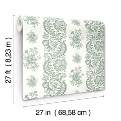 A roll of Beaumont Floral Stripe Wallpaper by York Wallcoverings, featuring a mostly white and green floral pattern, shown next to its dimensions of 27 feet by 27 inches (8.23 meters by 68.58 centimeters).