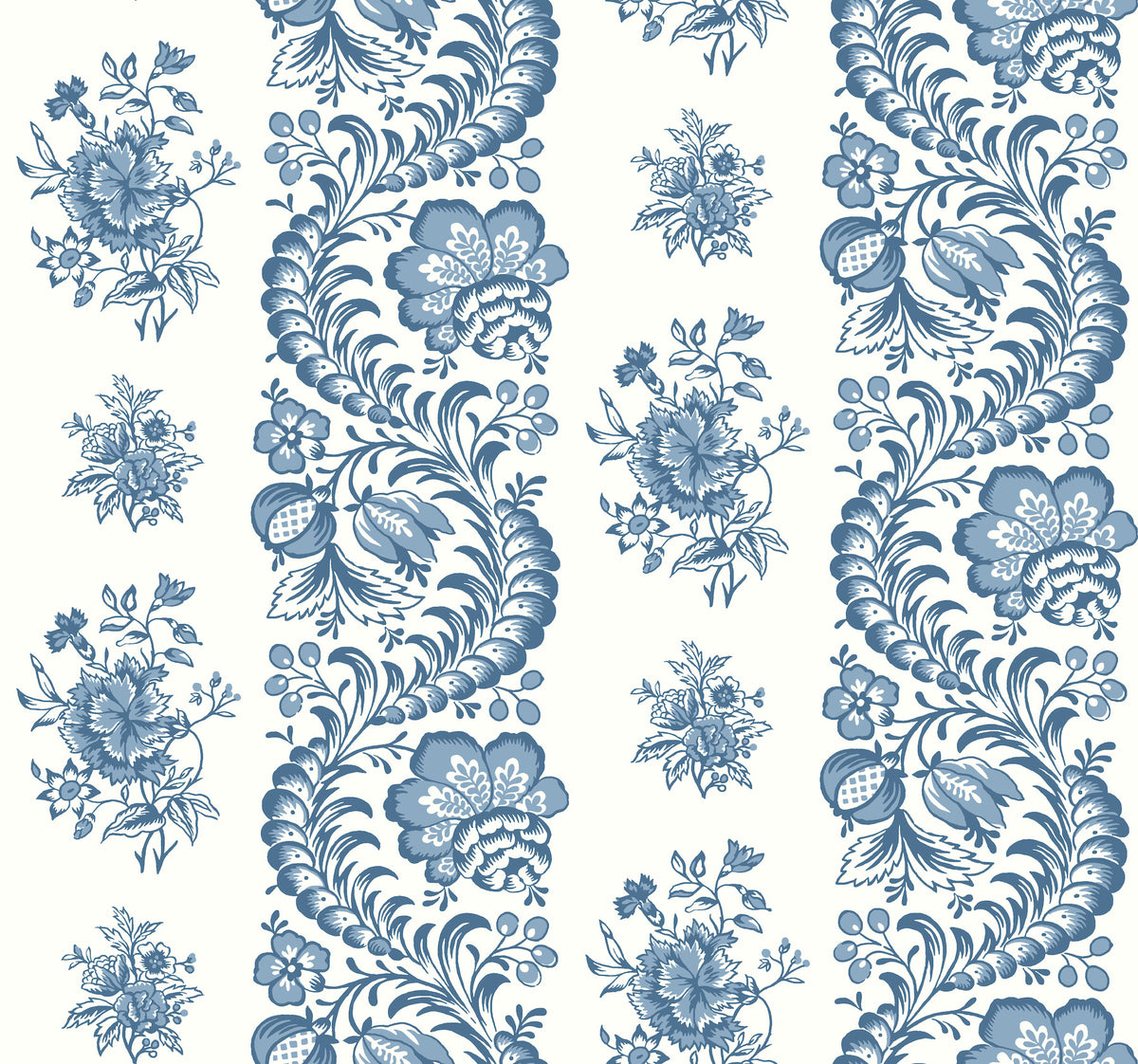 The Beaumont Floral Stripe Wallpaper by York Wallcoverings features an intricate and symmetrical blue floral pattern on a white background, with vertical stripes created by ornate, curling flowers and leaves that alternate with delicate floral bouquets.